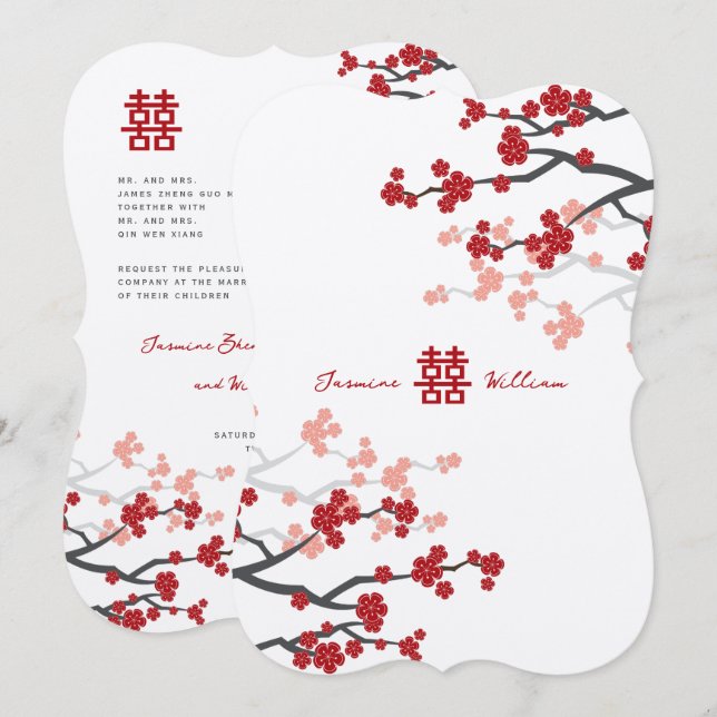 Invitation Cherry Blossoms double bonheur Mariage chinois (Devant / Derrière)