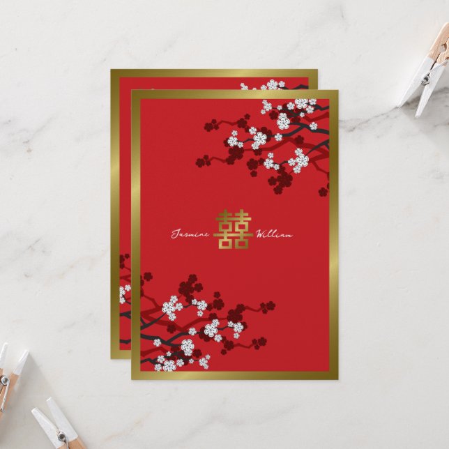 Invitation Cherry Blossoms double bonheur Mariage chinois (Devant/Arrière en situation)