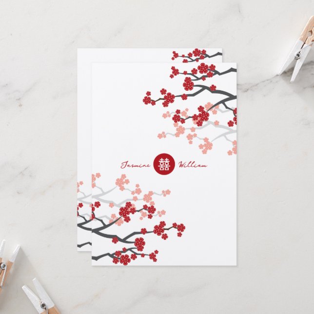 Invitation Cherry Blossoms & Double Bonheur Mariage chinois (Devant/Arrière en situation)
