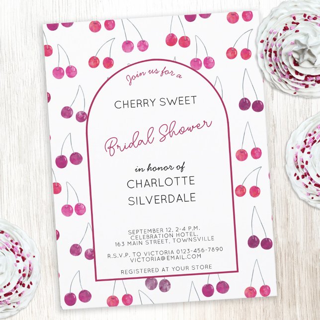 Invitation Cherry Bridal Shower (Watercolor cherries pattern personalized custom name text bridal shower invitation postcard)