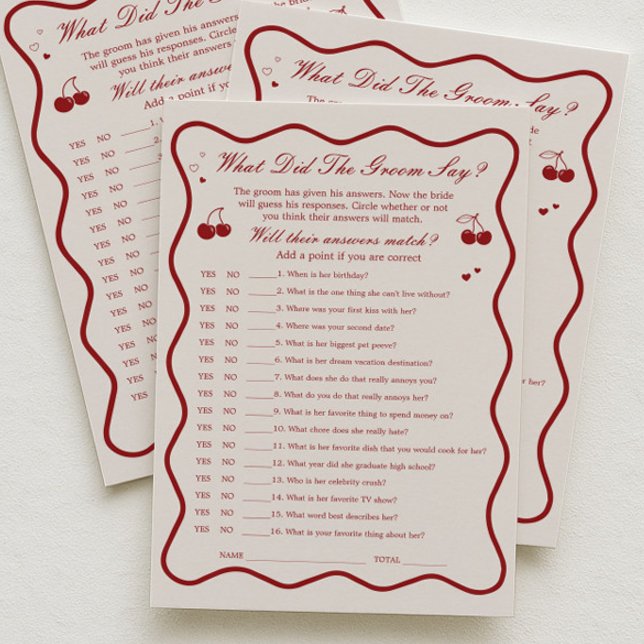 Invitation Cherry Bridal Shower What Did He Say Game Card (Créateur téléchargé)