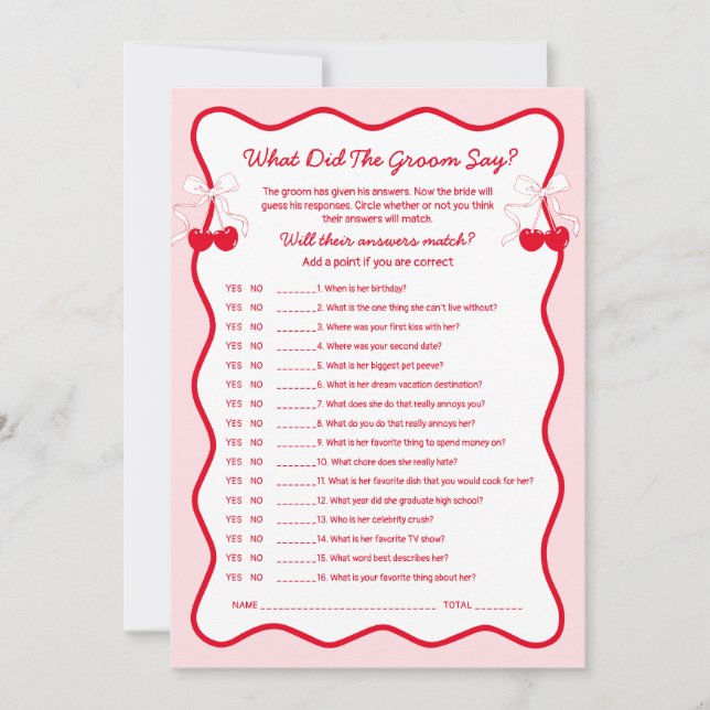 Invitation Cherry Bridal Shower What Did the Groom Say Game (Devant)