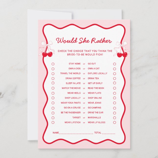 Invitation Cherry Bridal Shower Would She Rather Game Card (Devant)