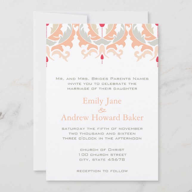 Invitation Cherry et Peach Mariage damassé (Devant)