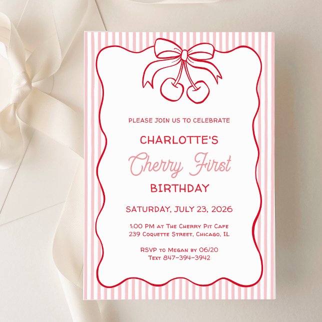 Invitation "Cherry First" Birthday Pink Stripe Bow Girl (Créateur téléchargé)