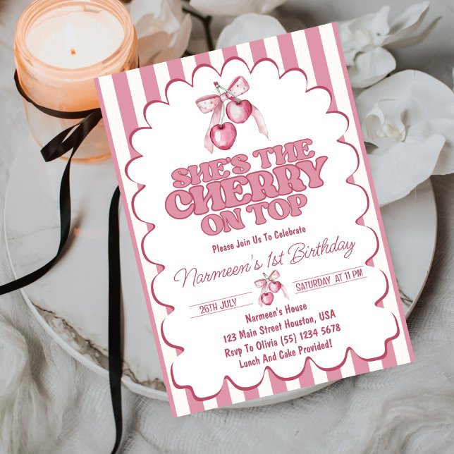 Invitation Cherry First Coquette Girls 1st Birthday  (Créateur téléchargé)