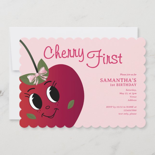 Invitation Cherry First Girl Cute Cartoon Sweet 1er Anniversa (Devant)