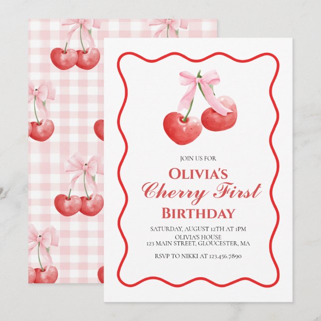 Invitation Cherry First Pink Bow preppy 1er anniversaire (Devant / Derrière)