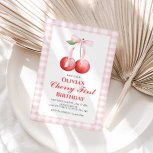 Invitation Cherry First Pink Bow preppy 1er anniversaire
