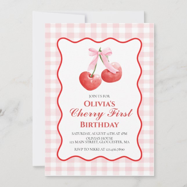 Invitation Cherry First Pink Bow preppy 1er anniversaire (Devant)