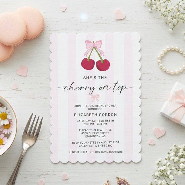 Invitation Cherry On Top Bridal Shower Coquette Bow Stripes (Créateur téléchargé)