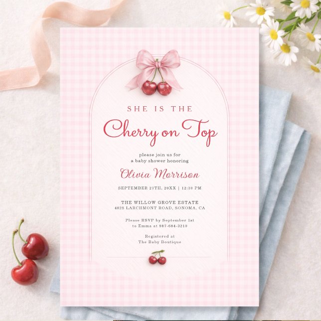 Invitation Cherry on Top Pink Bow Gingham Baby Shower (Créateur téléchargé)
