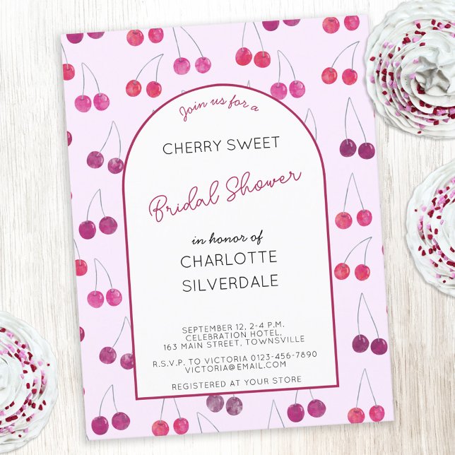 Invitation Cherry Pink de douche nuptiale (Cherry sweet pink watercolor cherries personalized custom text bridal shower invitation postcard)