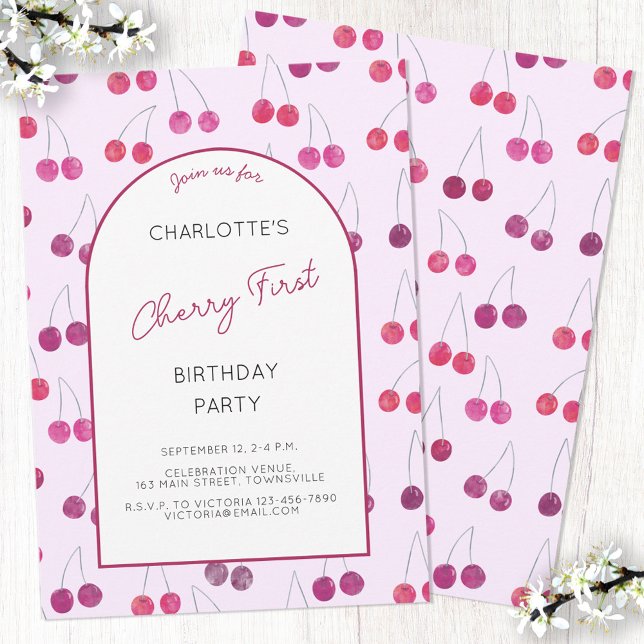 Invitation Cherry Pink Première fête d'anniversaire Invitatio (Watercolor cherry first birthday party invitation with custom text)
