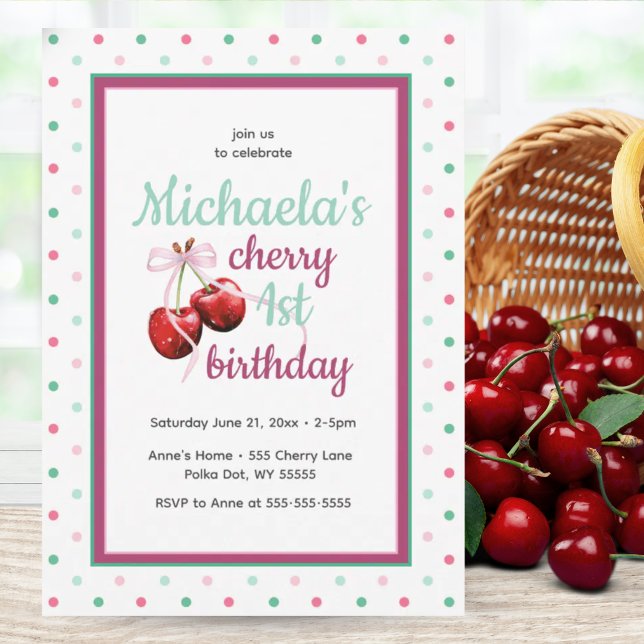 Invitation Cherry Premier Anniversaire Polka Dot Thème (Cherry First Birthday Polka Dot Theme Invitation)