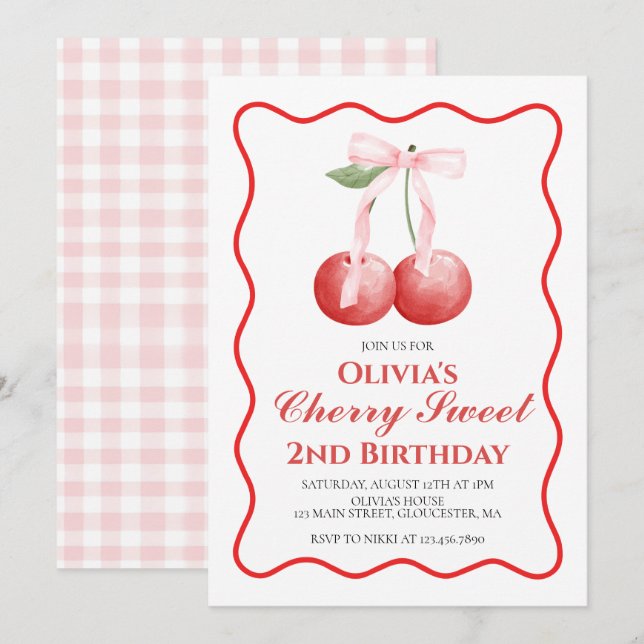 Invitation Cherry Sweet Anniversaire rose ruban prépa (Devant / Derrière)