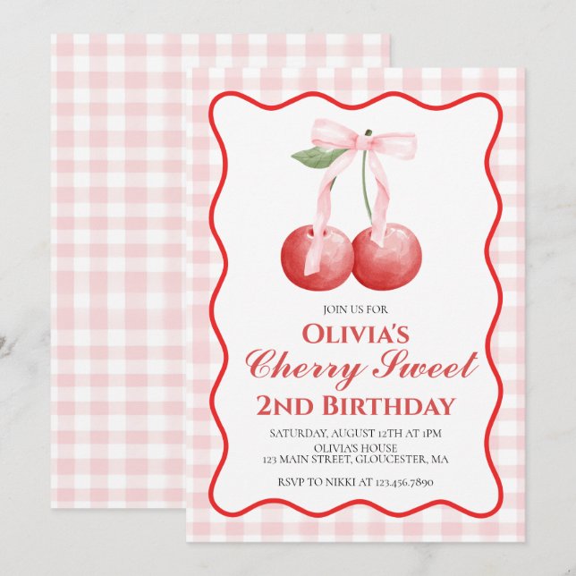 Invitation Cherry Sweet Anniversaire rose ruban prépa (Devant / Derrière)