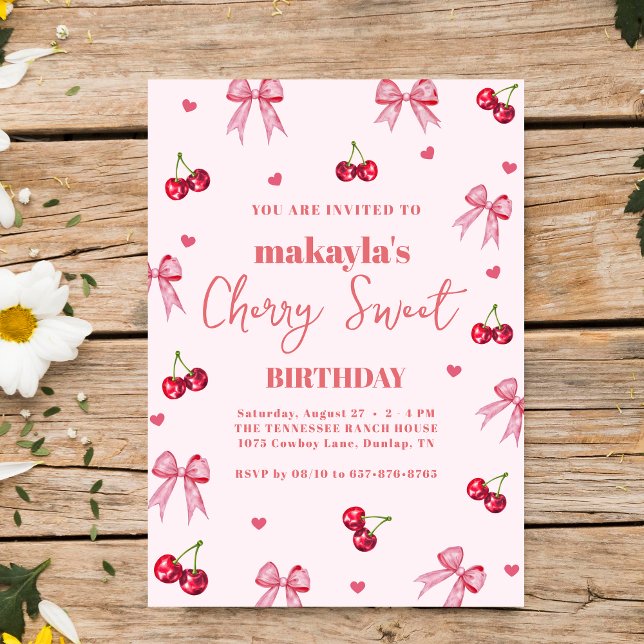 Invitation Cherry Sweet Birthday Party Bow Theme Girl  (Créateur téléchargé)