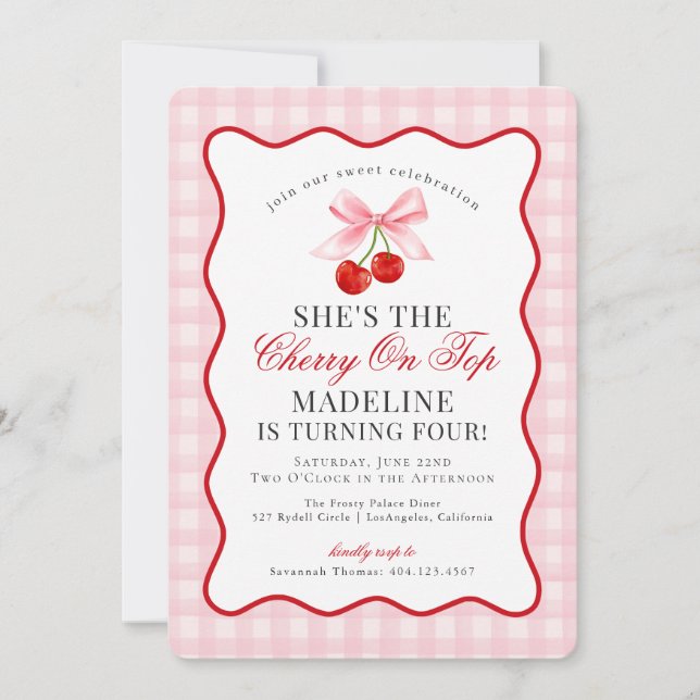 Invitation Cherry Sweet Coquette Rose Bow En vichy Anniversai (Devant)