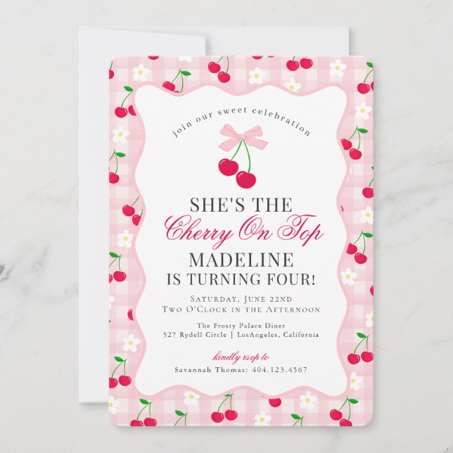 Invitation Cherry Sweet Coquette Rose Bow En vichy Anniversai (Devant)