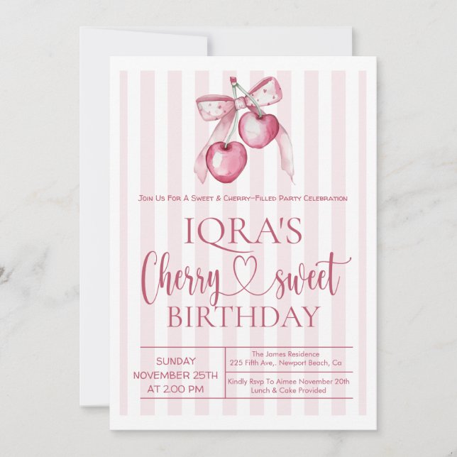 Invitation Cherry Sweet Pink Bow Girl 1st Birthday (Devant)