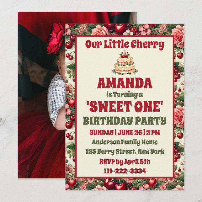 Invitation Cherry vintage 'Sweet One' 1er Anniversaire Photo (Devant / Derrière)