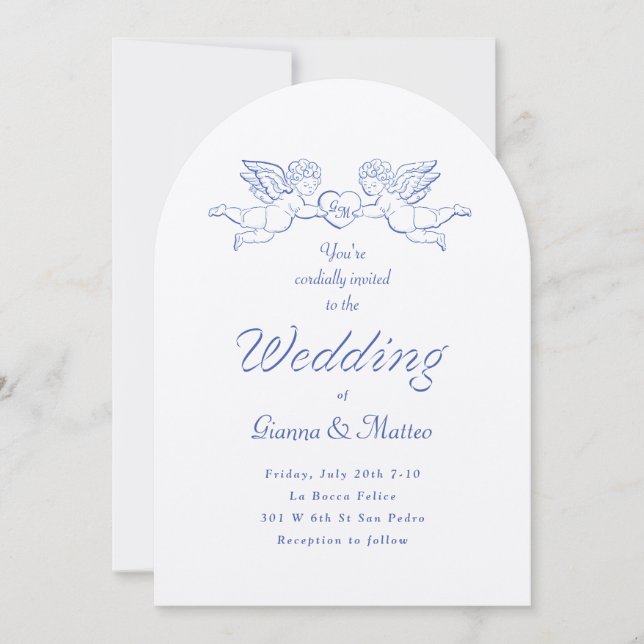 Invitation Cherub Cupid Couple tenant Mariage de coeur (Devant)