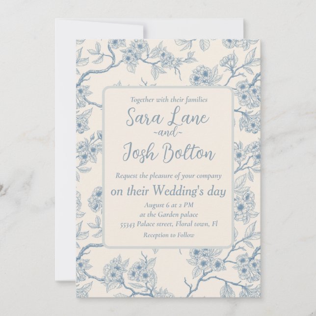 Invitation Chery blossom branches in blue and off white (Devant)