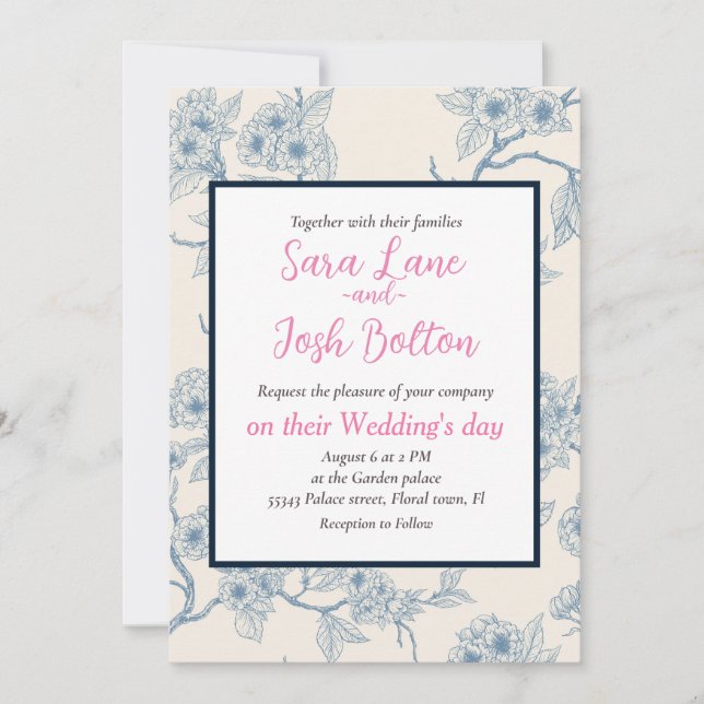 Invitation Chery blossom branches in blue and off white (Devant)