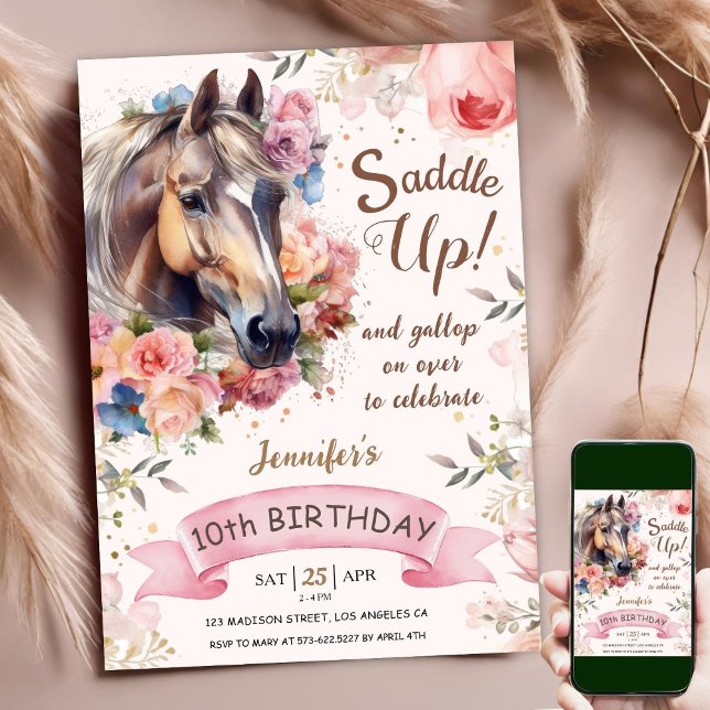 Invitation Cheval 10e anniversaire rose florale fille selle u (Créateur téléchargé)