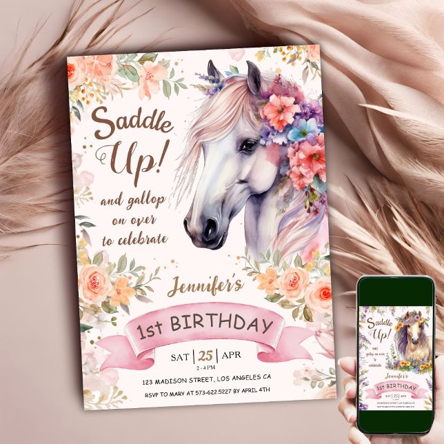 Invitation Cheval 1er Anniversaire Fille Fleurs Roses Saddup! (Créateur téléchargé)