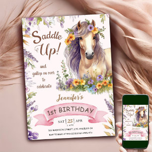 Invitation Cheval 1er Anniversaire Fille Violet Floral Saddle