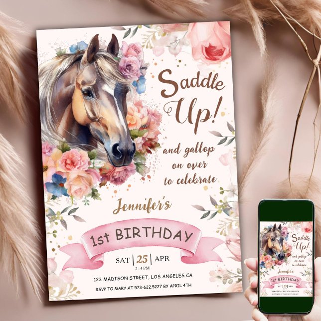 Invitation Cheval 1er Anniversaire VacheFille Rose Selle Up! (Créateur téléchargé)