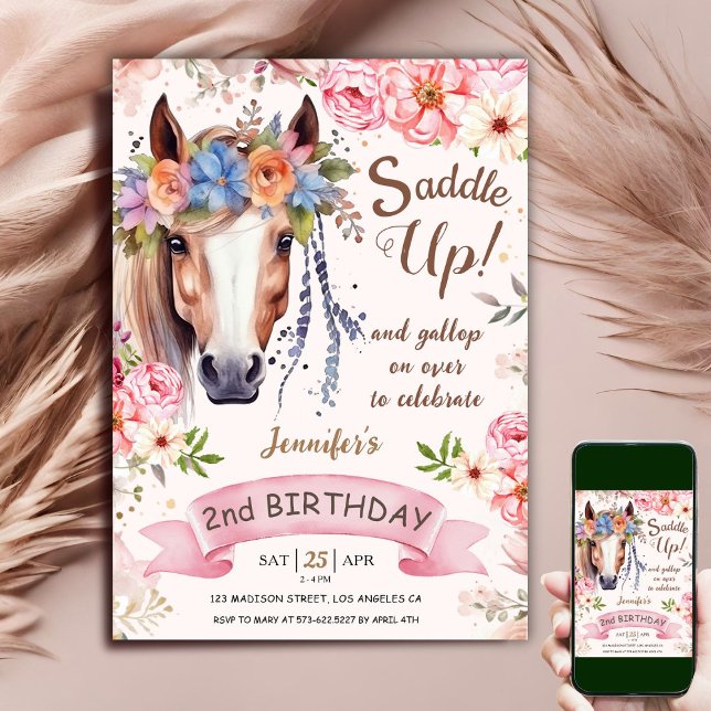Invitation Cheval 2e anniversaire fille Fleurs Boho Saddle Up (Créateur téléchargé)
