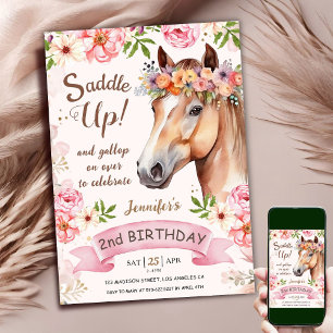 Invitation Cheval 2e Anniversaire Fleurs Rose Selles