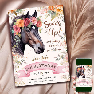 Invitation Cheval 3e anniversaire Cowgirl rose Floral Saddup