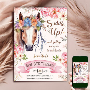Invitation Cheval 3ème anniversaire fille Fleurs Boho Saddle