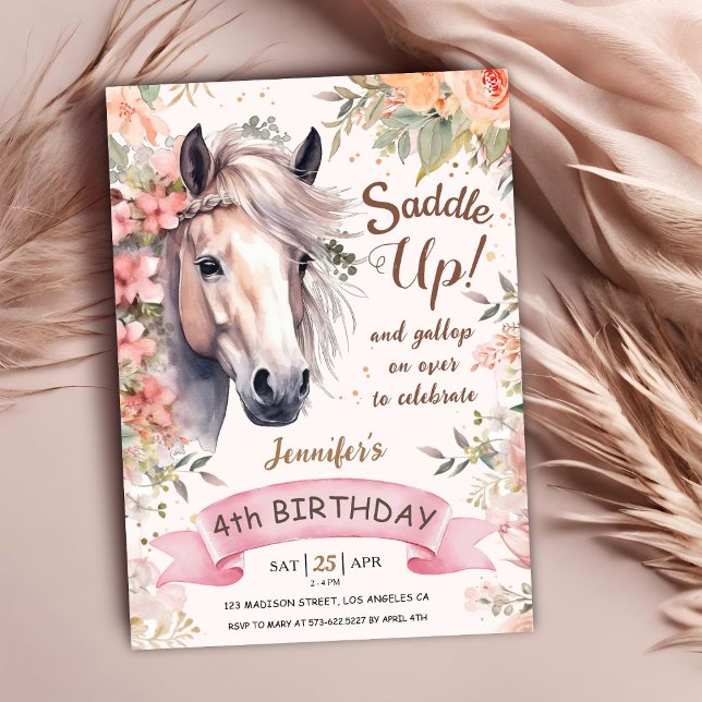 Invitation Cheval 4e anniversaire fille Wild Floral Saddup (Créateur téléchargé)