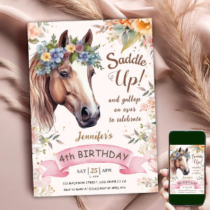 Invitation Cheval 4ème Anniversaire CowGirl Floral Saddle Up