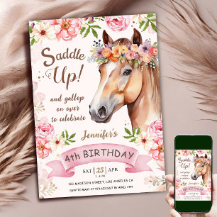 Invitation Cheval 4ème Anniversaire Fleurs de Rose Rose Saddl