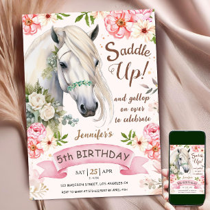 Invitation Cheval 5ème Anniversaire Fille Fleurs Roses Saddle