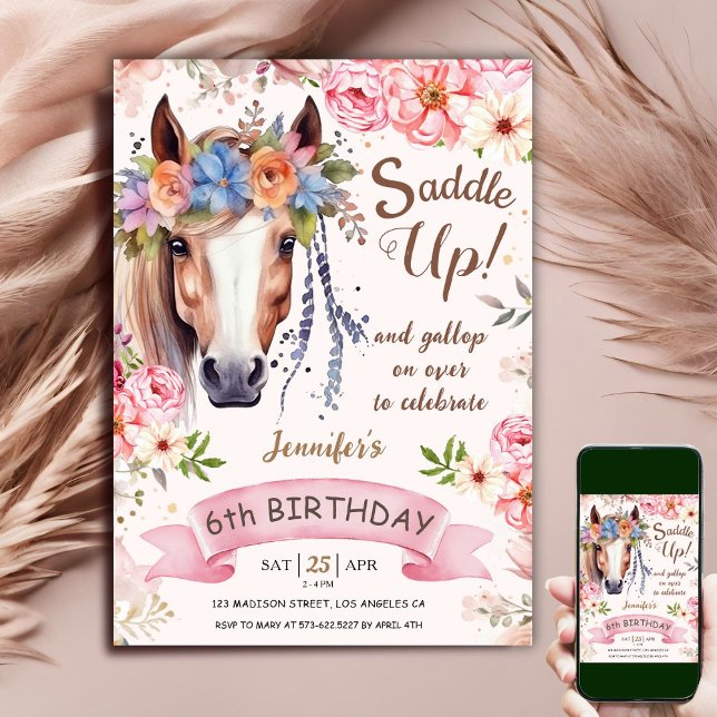 Invitation Cheval 6e anniversaire fille Fleurs Boho Saddle Up (Créateur téléchargé)