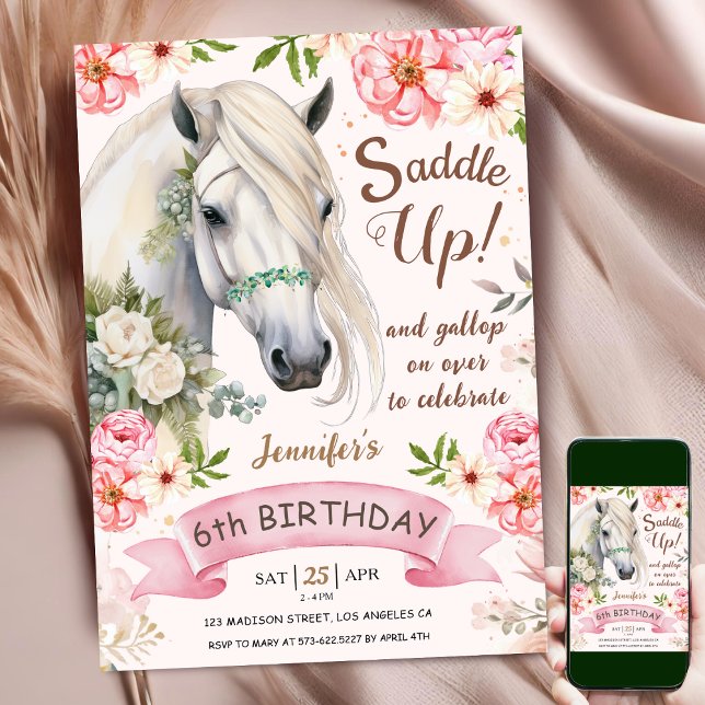Invitation Cheval 6e anniversaire fille Fleurs roses selle ve (Créateur téléchargé)