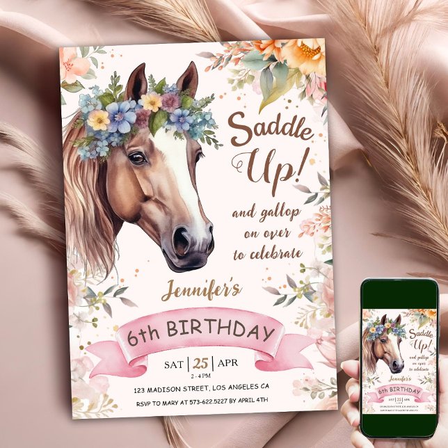 Invitation Cheval 6e Anniversaire Vache Fille Selle Florale H (Créateur téléchargé)