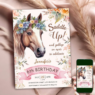 Invitation Cheval 6ème Anniversaire CowGirl Floral Saddle Up