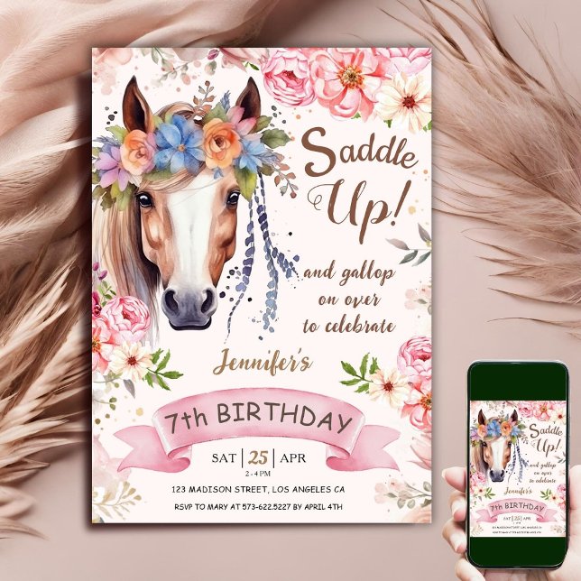 Invitation Cheval 7e anniversaire fille Fleurs Boho Saddle Up (Créateur téléchargé)