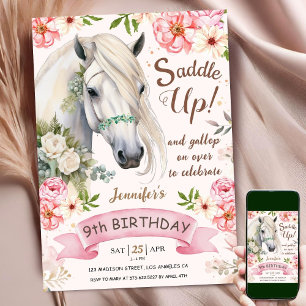Invitation Cheval 9e anniversaire fille Fleurs roses selle ve