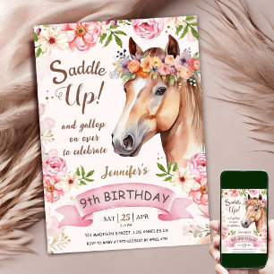 Invitation Cheval 9e Anniversaire Fleurs de Rose Rose Saddle