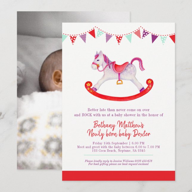 Invitation Cheval à bascule Baby shower Beled bébé rouge (Devant / Derrière)