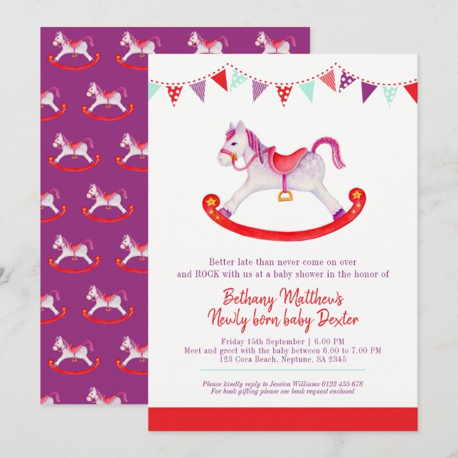 Invitation Cheval à bascule Baby shower Beled bébé rouge (Devant / Derrière)